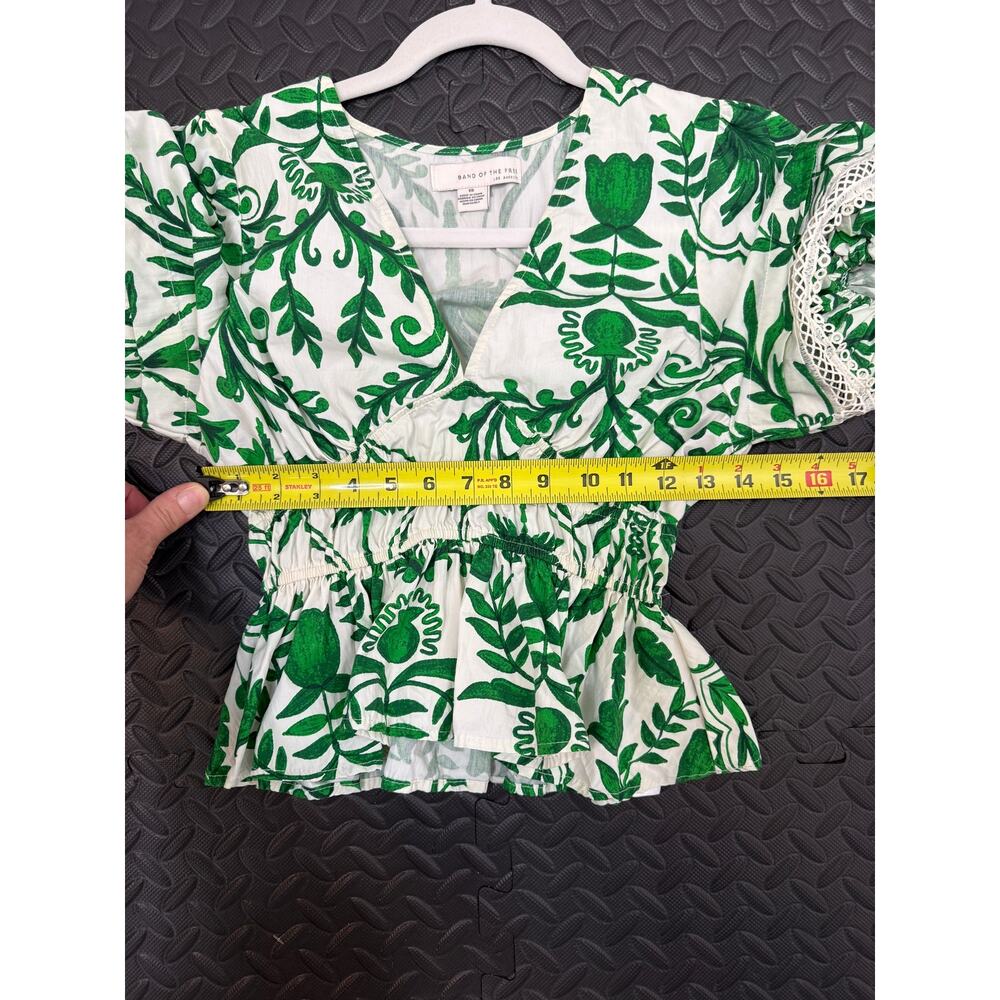 Green Botanical Blouse Euro Summer Peplum Puff Sleeve Cottagecore Top - Picture 7 of 8
